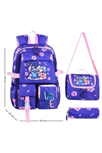 Kore Kawai Mor Stitch Stiç Temalı Kız Çocuk İlkokul Çantası Termal Beslenme Çantası ve KAlemlik Set